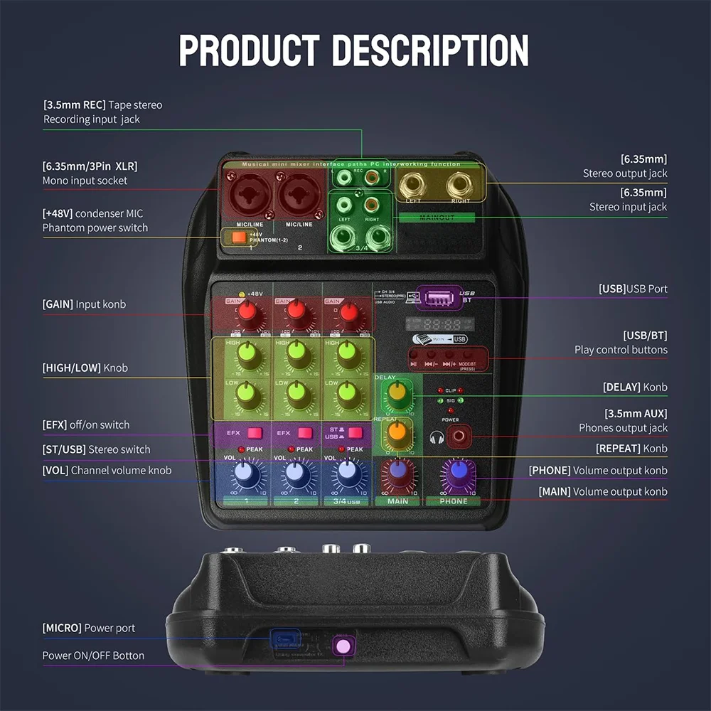 خلاط احترافي محمول ذو 4 قنوات A4-G، مزود طاقة بلوتوث 48 فولت مناسب لميكروفون DJ كاريوكي والكمبيوتر الشخصي MP3 #5