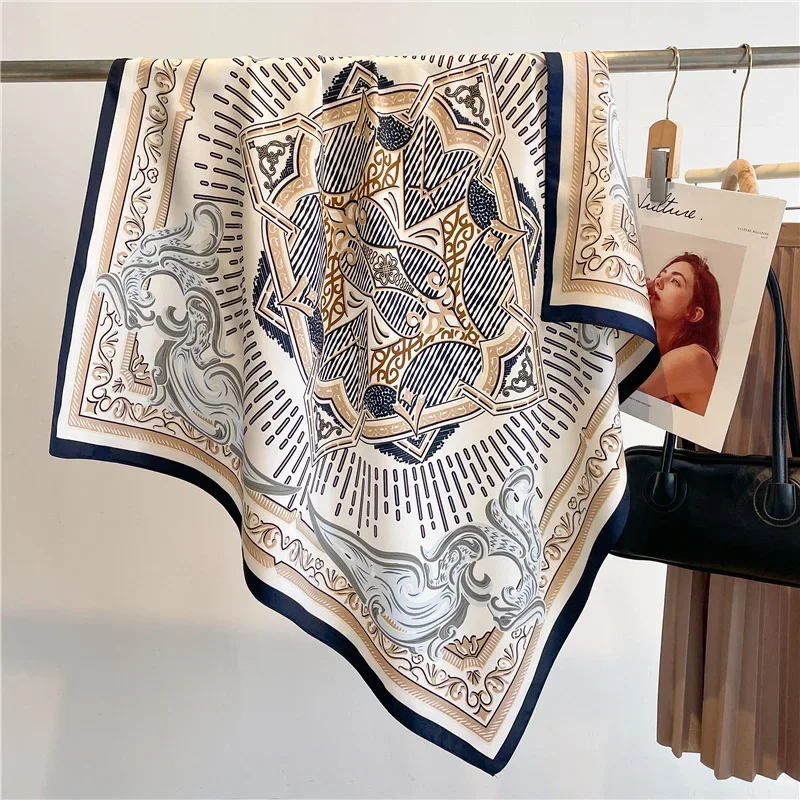 

35.43" Retro Print Square Scarf Elegant Satin Silk Feeling Shawl Stylish Women's Decorative Beach Towel