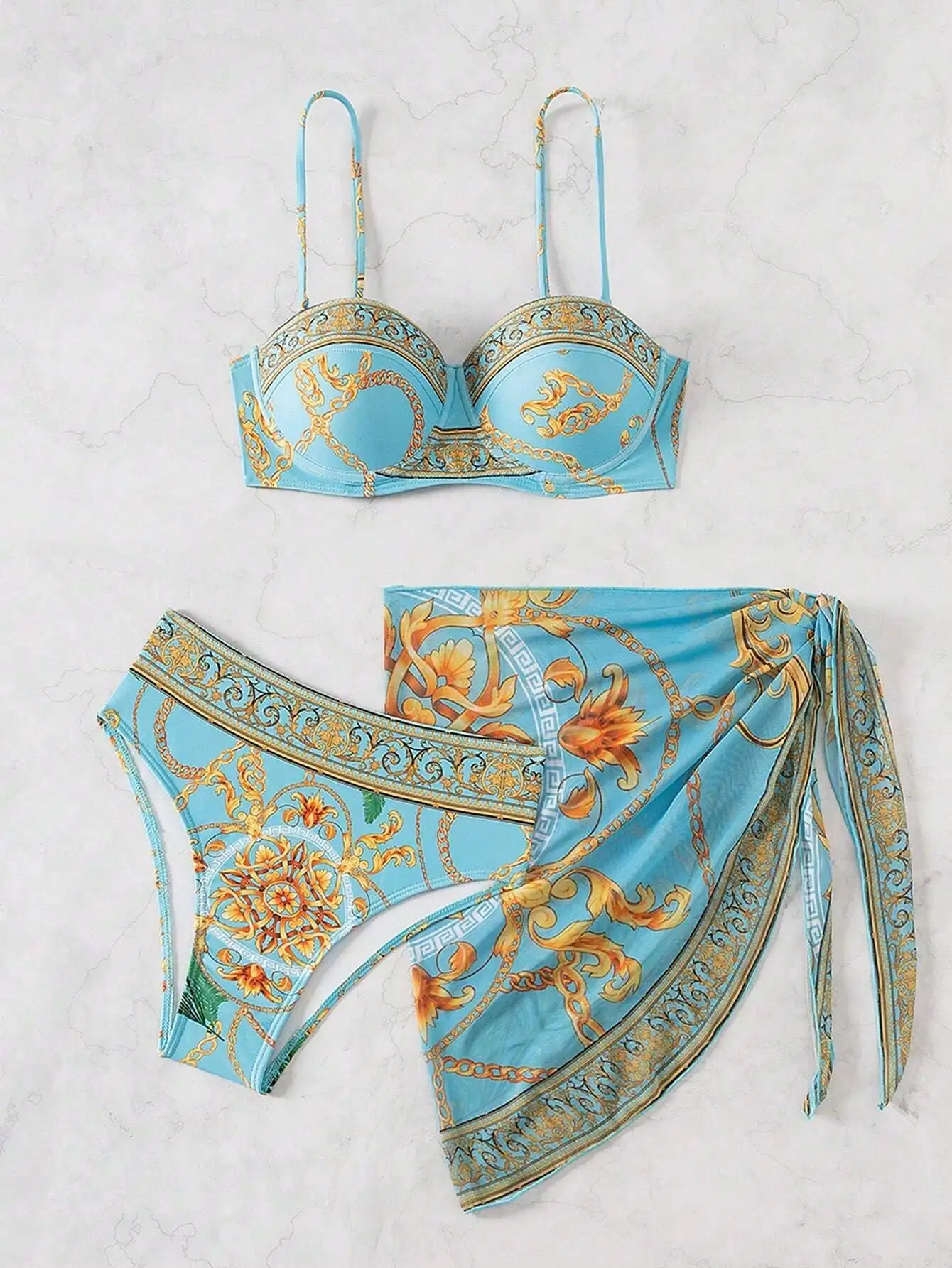 

Women's Sky Blue Printed Chain Floral Bikini Set With Cover-Up Skirt
