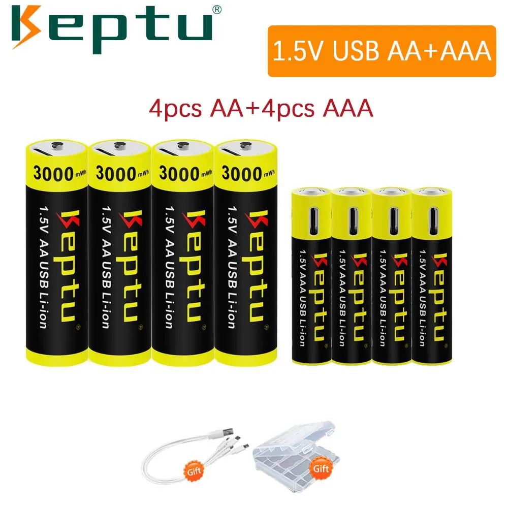 

KEPTU 4pcs 1.5V Li-ion AA USB Battery + 4pcs 1.5V USB AAA Lithium AA AAA Rechargeable Battery,AA 3000mWh AAA 1000mWh