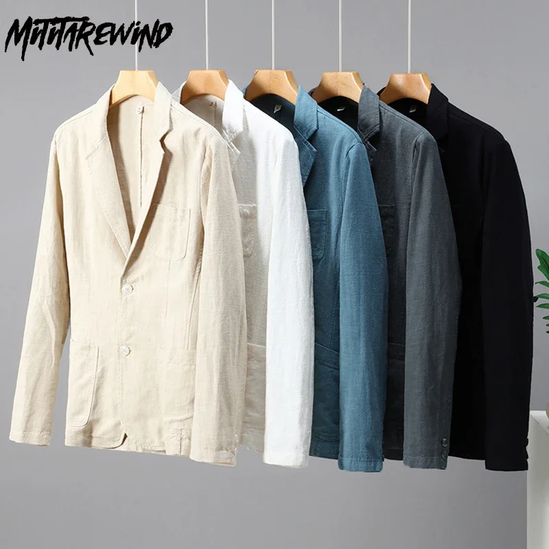 Spring Summer New Male Suit Commut Casual Blazer Men Single Layer Blue Cotton Linen Suit Jacket Korean Fashion Loose Coat Youth