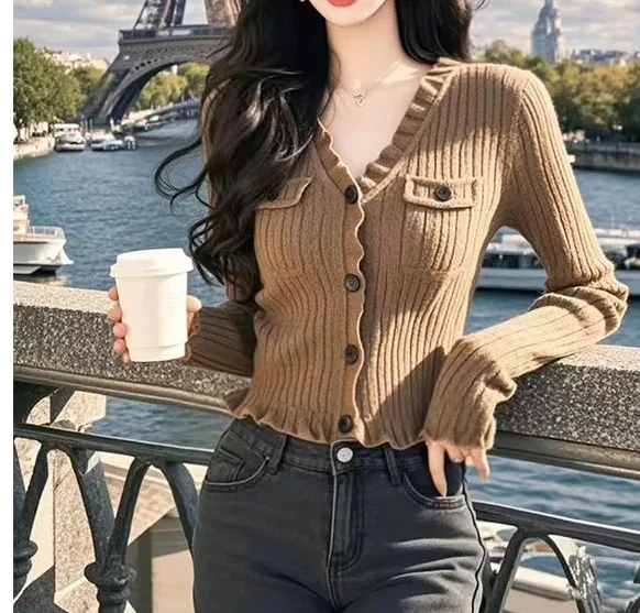 

Women's Clothing Vintage Slim Soft Elastic Knitted Cardigan Spring Autumn Fashion Elegant Ruffles Single Breasted Sweater