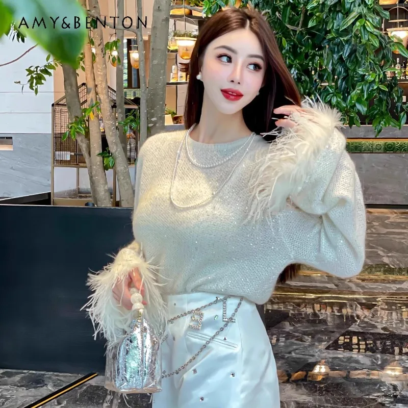 Autumn Unique Design Korean Light Luxury Socialite Shiny Silver Silk Jumpers Splicing Feather Horn Sleeve Knitted Sweater Girl