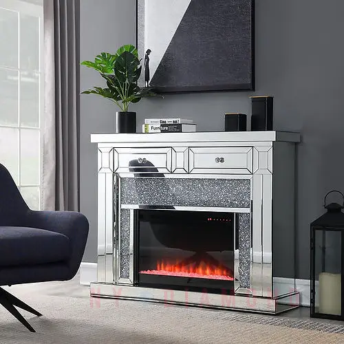 2024 simple modern glass mirror furniture silver seven-color flame embedded decorative fireplace