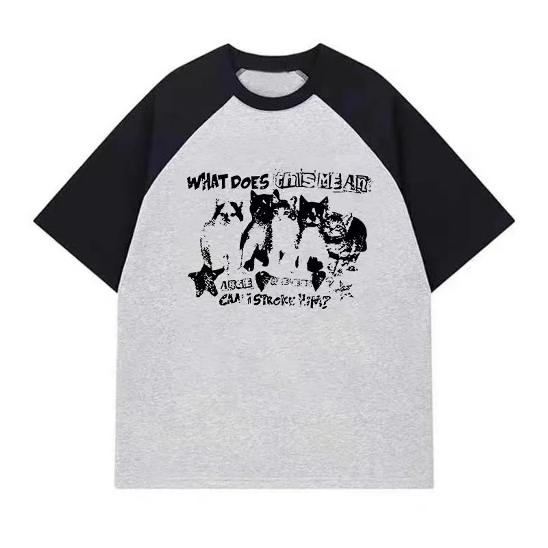 女性用キャットプリント半袖Tシャツ,特大トップス,パッチワークTシャツ,韓国風原宿ストリートウェア