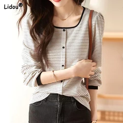 2023 New Spring and Autumn French Fashionable Square Neck Stripe Loose Casual Oversize Simple and Versatile Long Sleeved Sweater