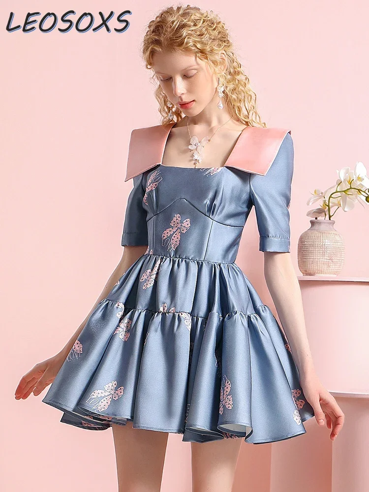 LEOSOXS Designer Dresses Women 2024 New Summer New Niche Design Butterfly Print Contrasting Color Square Neck Sweet Tutu Dress