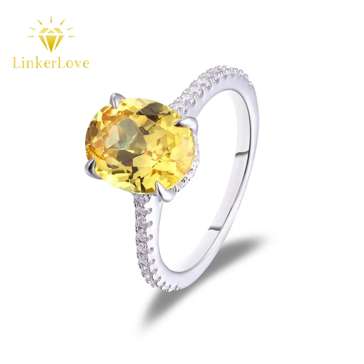 

LinkerLove S925 Sterling Silver 2CT Oval Cut Yellow Sapphire Engagement Ring for Women with Moissanite Paved Band Fine Jewelry