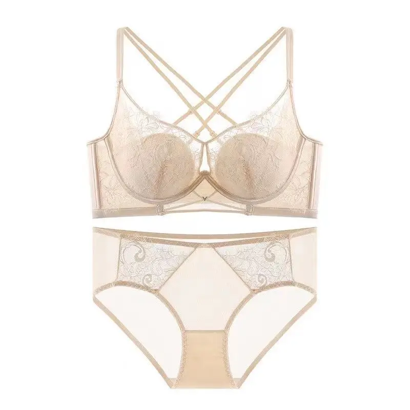 หน้าอกใหญ่ปรากฏขนาดเล็กผู้หญิง Bra ชุดสบาย Breathable Soft สุภาพสตรีชุดชั้นใน Hollow Out Lace ดอกไม้ด้านข้างชุดชั้นในสตรี