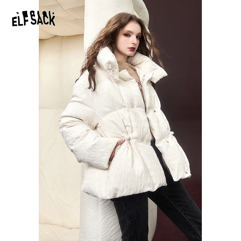 ELFSACK Korean Fashion Thick White Down Coats Women 2023 Winter New Short Designer Jackets