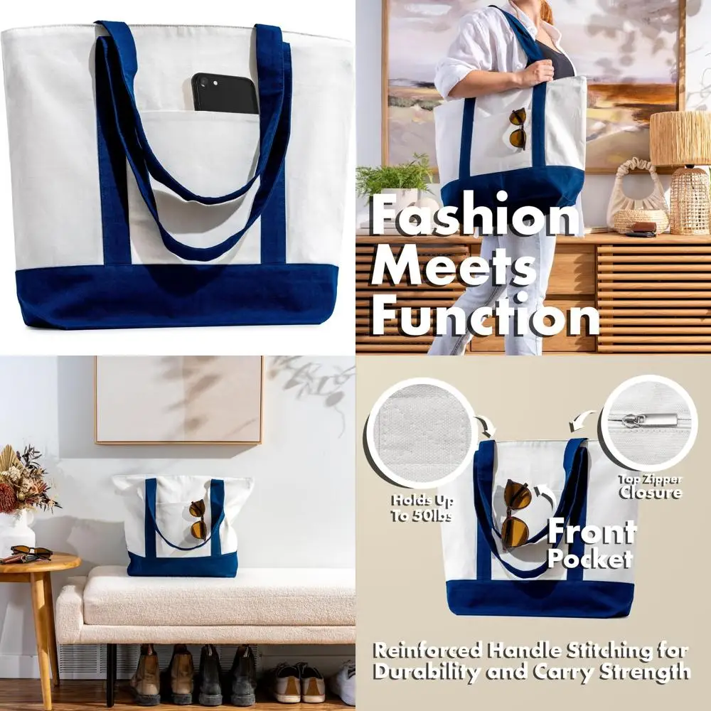 

6-Pack Heavy-Duty Organic Cotton Tote Bags with Zipper, 15x21, Reusable Shopping Bags with Handles & Front Pocket