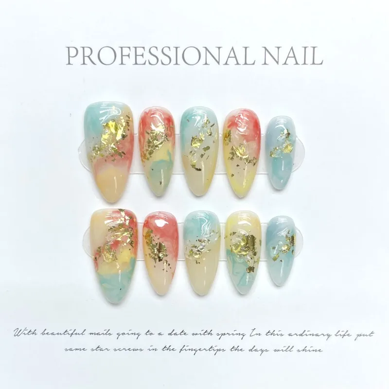 

10 штук весны и летних сладких и пряных девушек ручной работы на ногтях размазывать дофаминовые позолоченные фальшивые ногти съемные и многоразовые