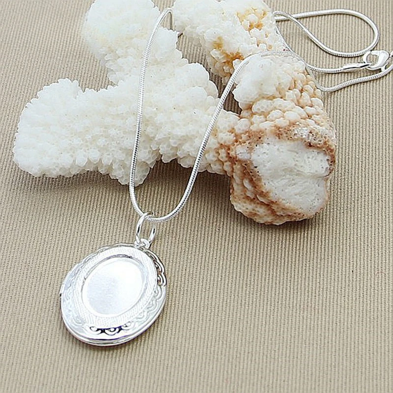 Silver Chain Necklace 925 Silver jewelry Round Photo Locket Pendant Necklace Charms Necklaces Snake Chain N313