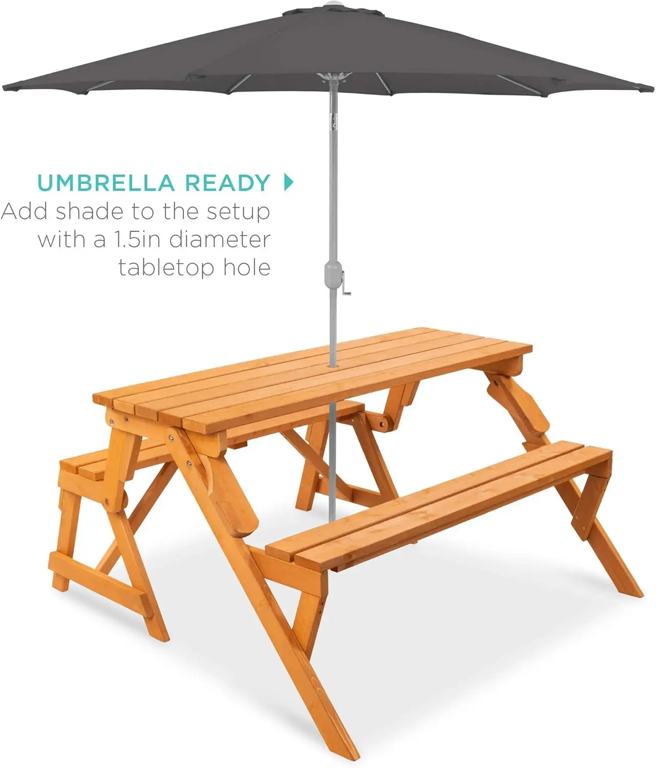 2-in-1 Transforming Interchangeable Outdoor Wooden Picnic Table Garden Bench for Backyard, Porch, Patio, Deck w/Umbrella Hole