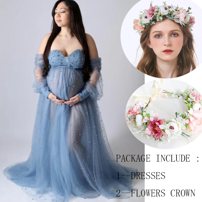 Pearl Tulle Maternity Dress Photoshoot  Halo Crown  SET Платье Для Беременных  Para Embarazadas Платье Вечернее Baby Shower