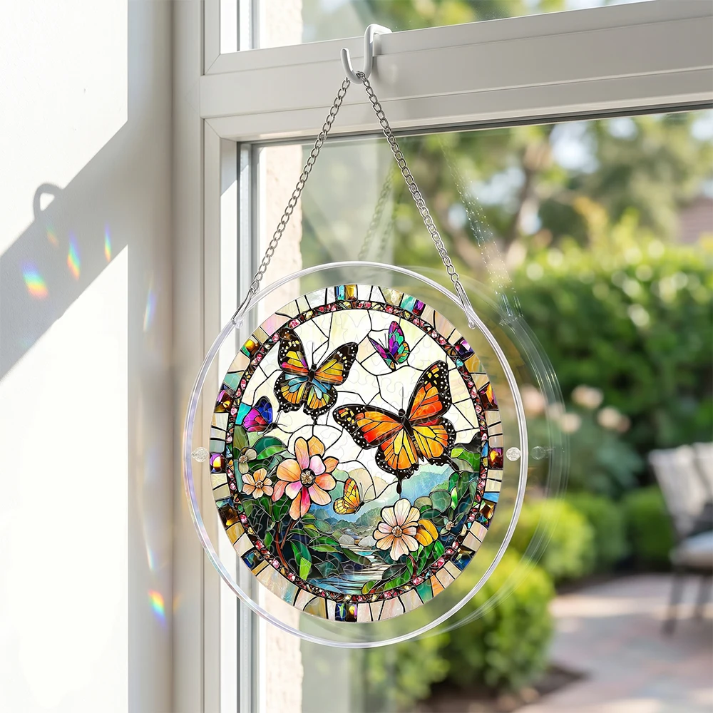 Stained Glass Butterfly Floral Acrylic Puzzle Suncatcher, 18cm/20cm Round Garden Window Hanging Decor Gift Ornament