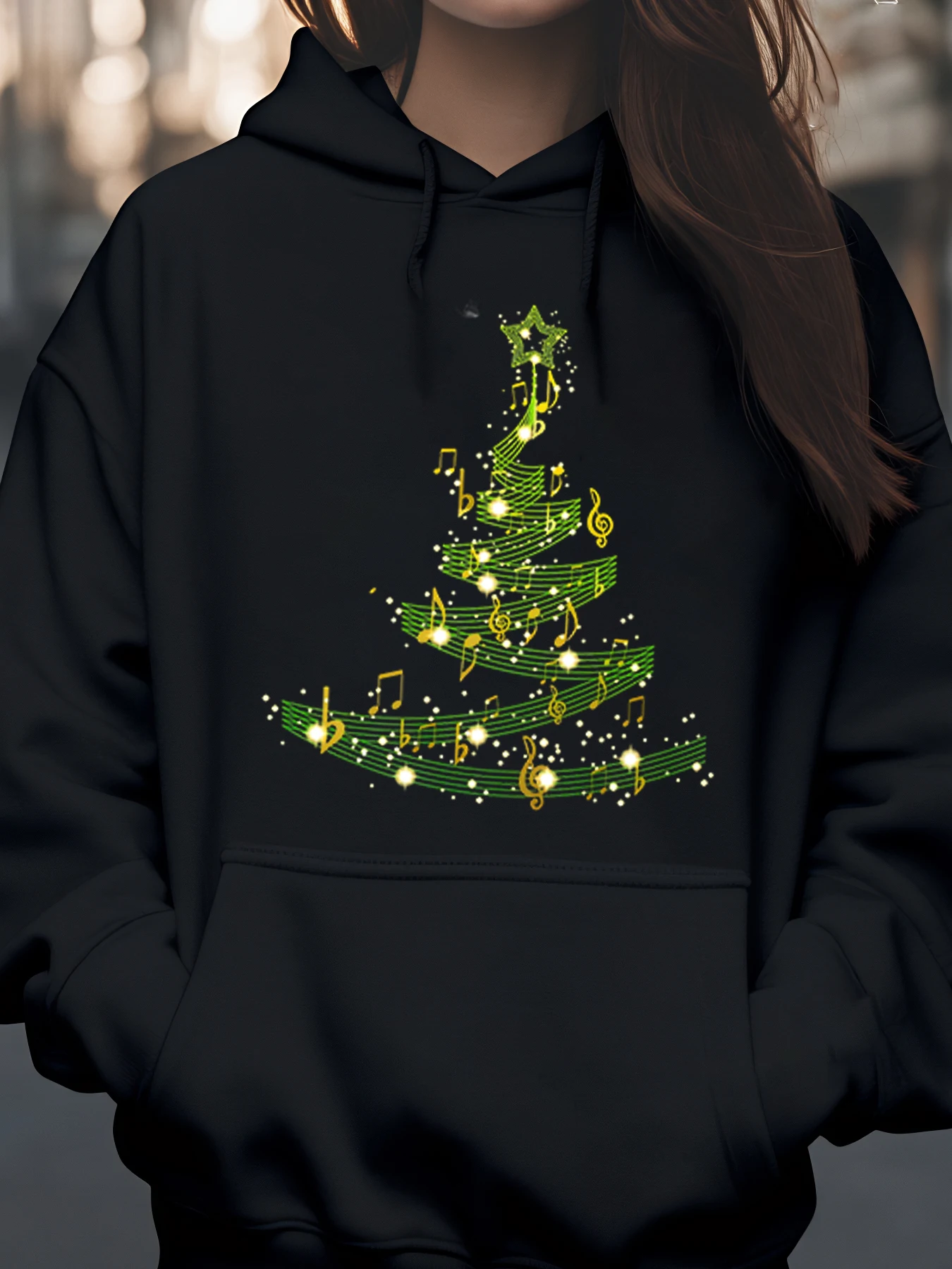Music Notes Christmas Tree Print Hoodie Holiday Casual Wear for Women