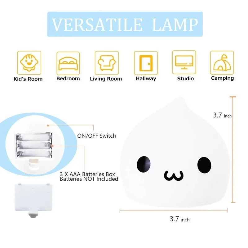 Lampu malam LED Sensor sentuh nirkabel, mainan lembut lampu kamar tidur silikon tetesan air baterai 7 warna untuk anak-anak, hadiah Natal