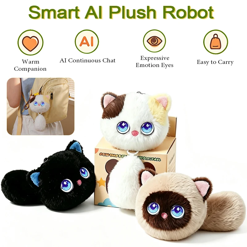 Tuya AI Smart Plush Robot with Dynamic Emotional Eyes & Voice Control Supports 66 Languages Cute Plush Cat Keychain for Gift