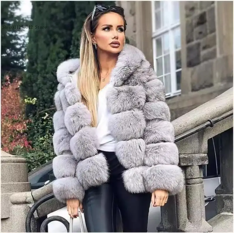 Autumn and Winter Spring Pure Color Luxury Women Faux Fox Fur Coat Hooded Warm Thicken Fur Short Jackets