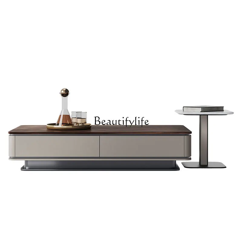 

04Italian light luxury walnut rectangular coffee table high-end living room household solid wood storage natural coffee table