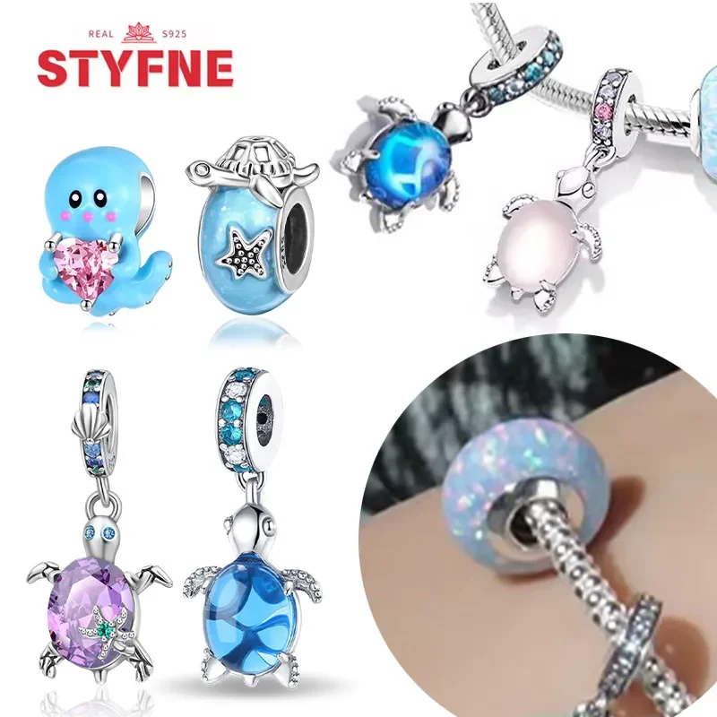 Sterling Silver 925 Pink Blue Zircon Sea Turtle Octopus Charm Beads For Original Bracelet for Women 925 Pendant Bead DIY Jewelry