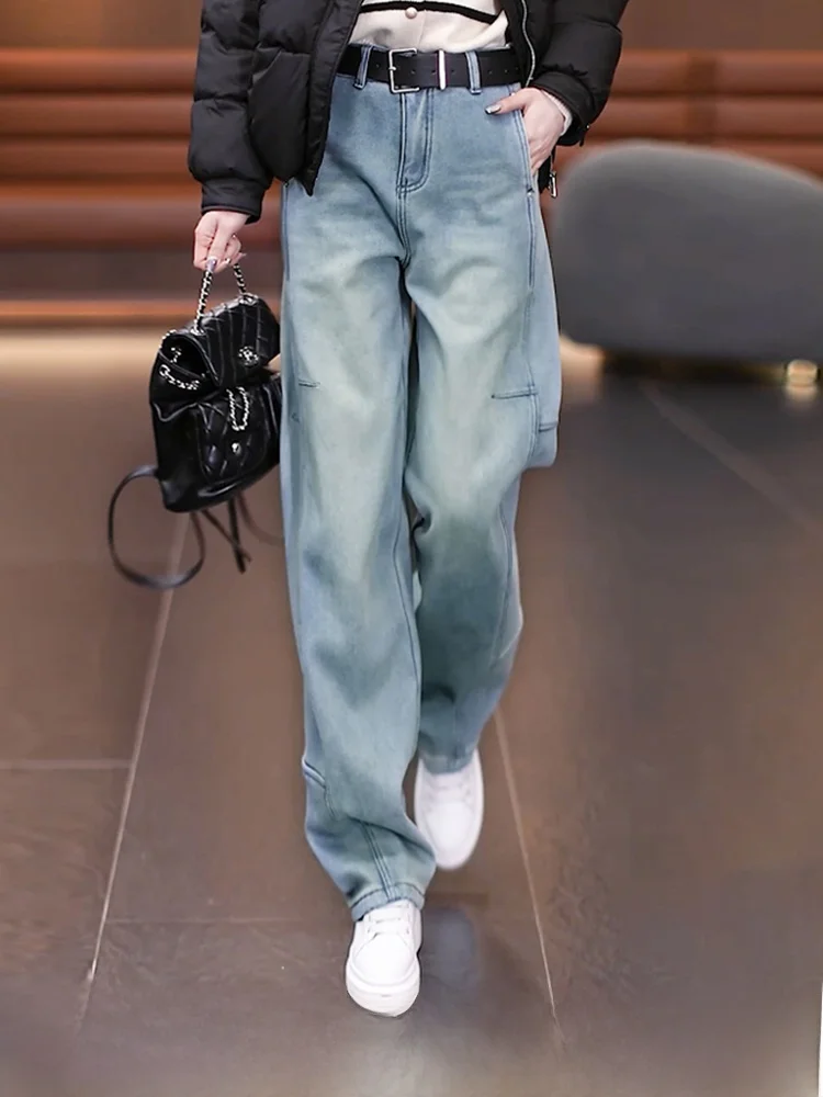 

Женские джинсы с высокой талией, утепленные, широкие, прямого кроя, зимние, модные, антивозрастные, узкая версия