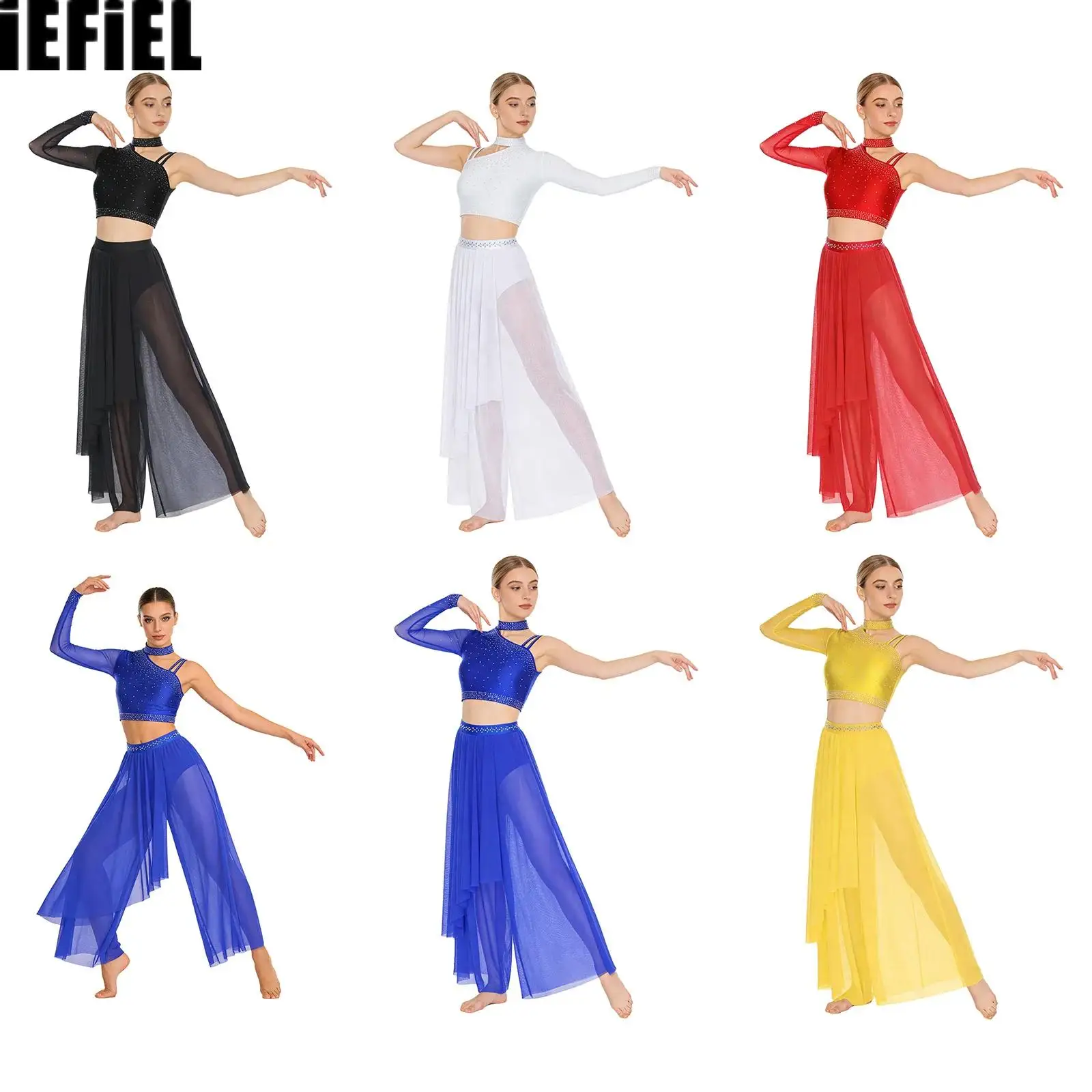 

Женские костюмы для лирического танца: асимметричный топ с одним открытым плечом, украшенный стразами, и свободные брюки-кюлоты со встроенными трусиками.