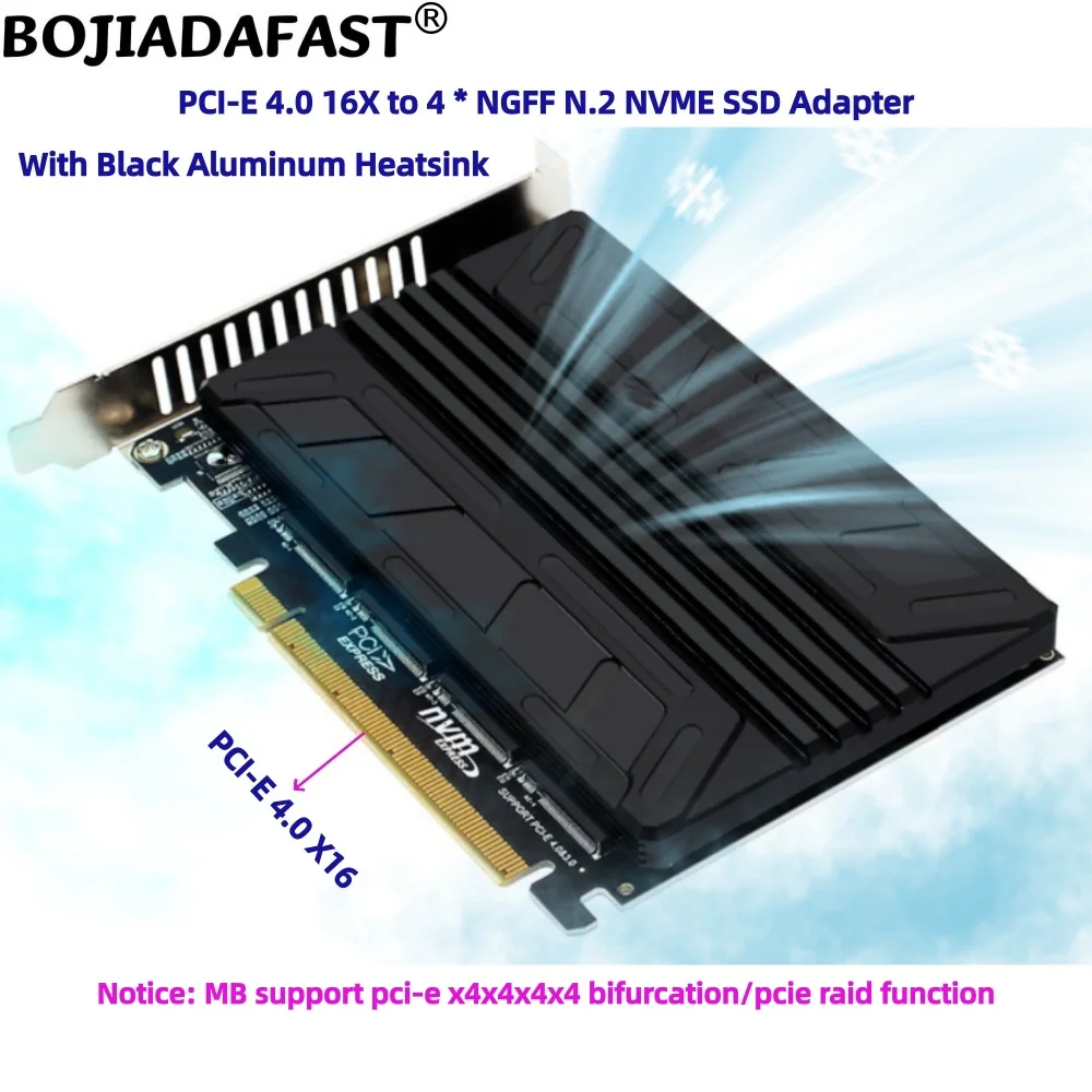 PCI-E 4.0 16X To 4 * NGFF M.2 M-Key SSD Adapter Expansion Riser Card + Black Aluminium Heatsink for 2280 M2 NVME SSD
