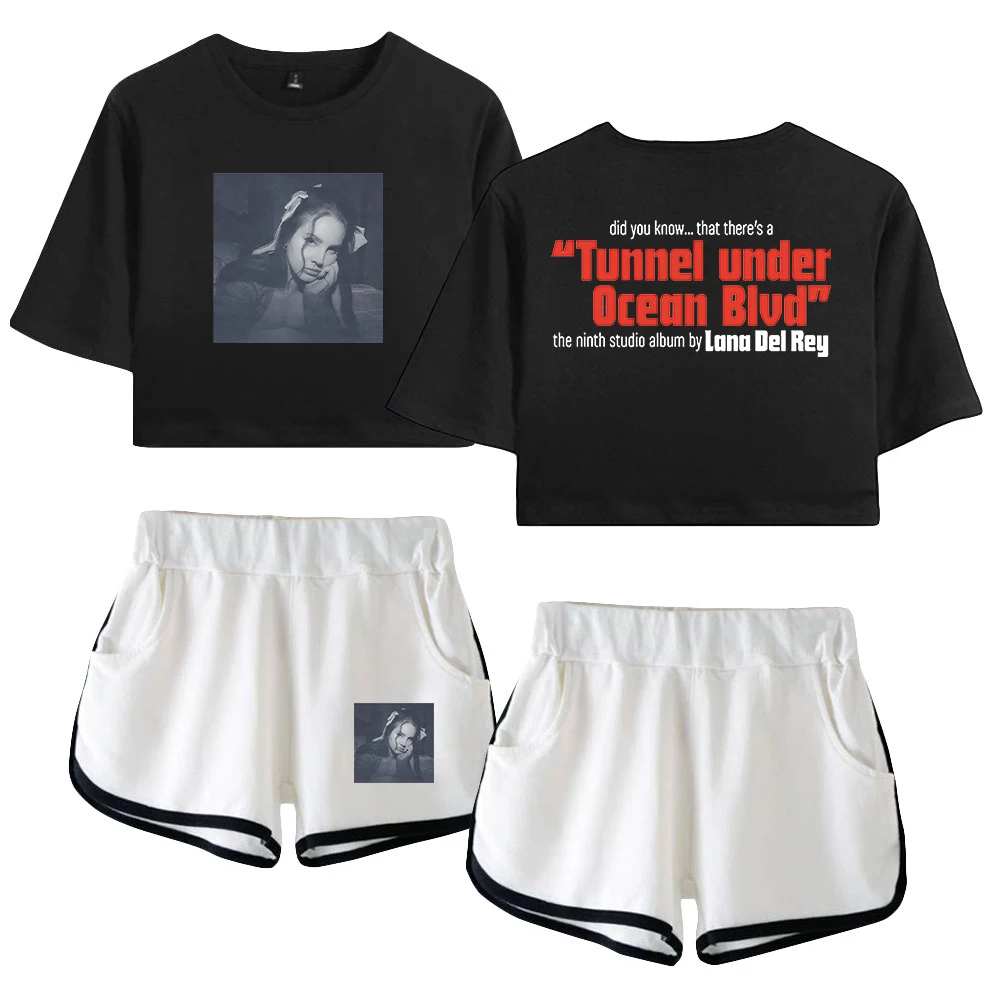 Lana Del Rey Tunnel Under Ocean Blvd Merch 2023 New Logo Two Piece Set Short Sleeve Crop Top Navel Tee+Shorts Women's Sets