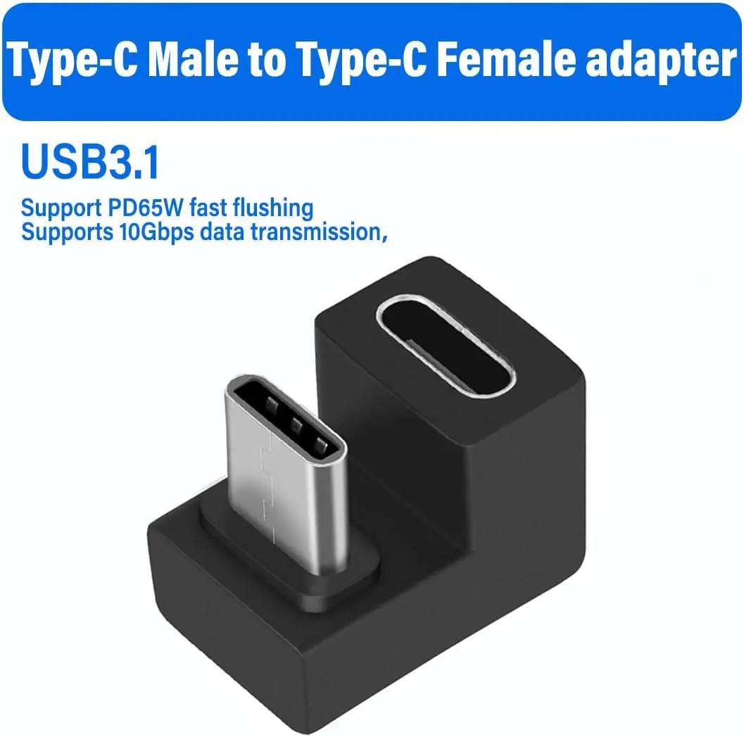 Type-C to Type-C Adapter，U Shape USB-C USB 3.1 Male to Female Charger Converter，65W Fast Charge,