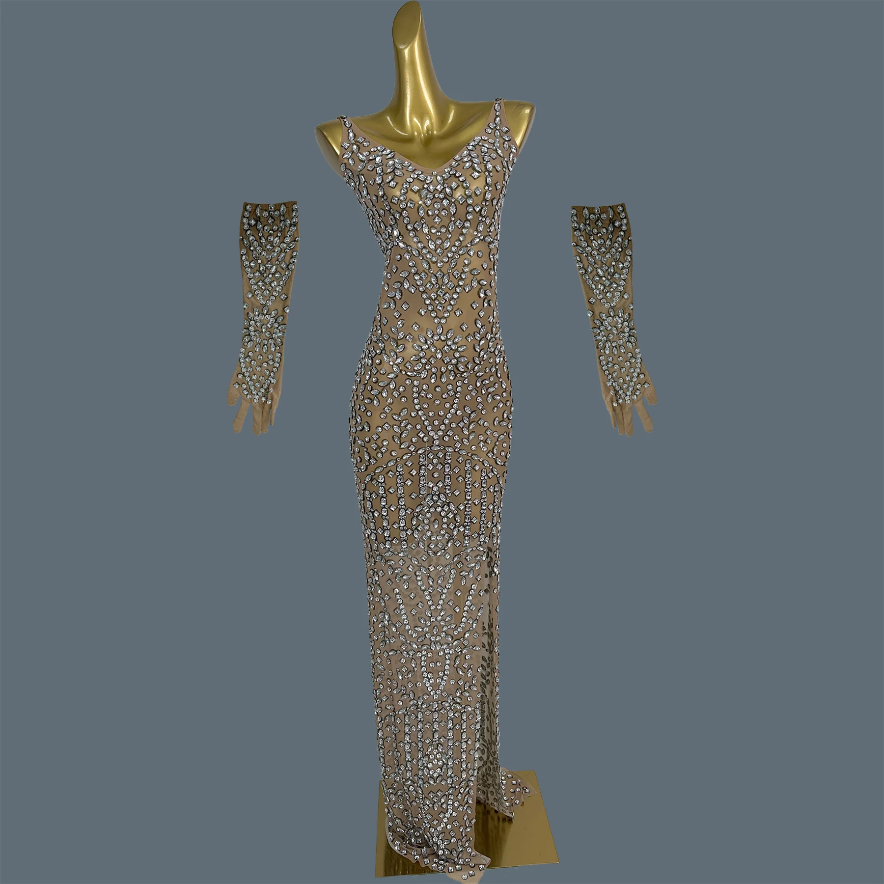 

Luxury Silver Sparkly Crystals See Through Mesh Long Dress Club Bodycon Evening Gown Formal Party Outfit With Gloves Xingyunzuan