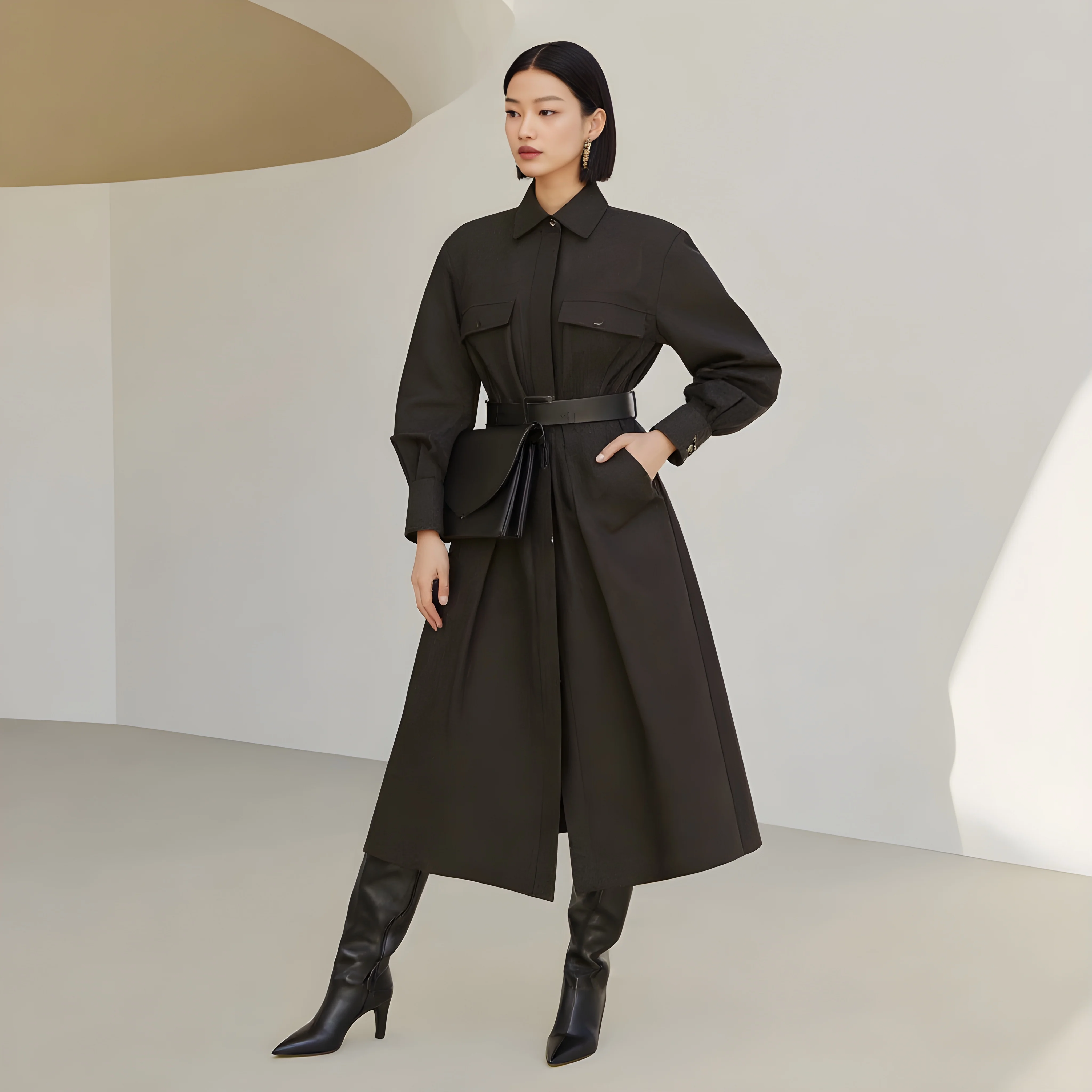 Lockeres, lässiges mittellanges Kleid, Herbst-Winter-Kleidung mit Hemdkragen, geraden Ärmeln, Rock-Stil, modisches Damenkleid