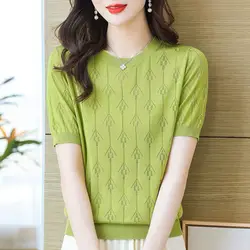 Loose Slim Large Size Style Ice Silk Short-sleeved T-shirt Women Summer Hollow Flesh-covering Knitted Hollow Versatile Thin Top