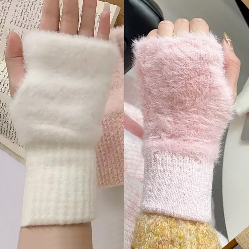 

Мягкие зимние перчатки из норкового флиса с полупальцами для девочек, теплые милые однотонные плюшевые вязаные перчатки без пальцев, варежки для девочек