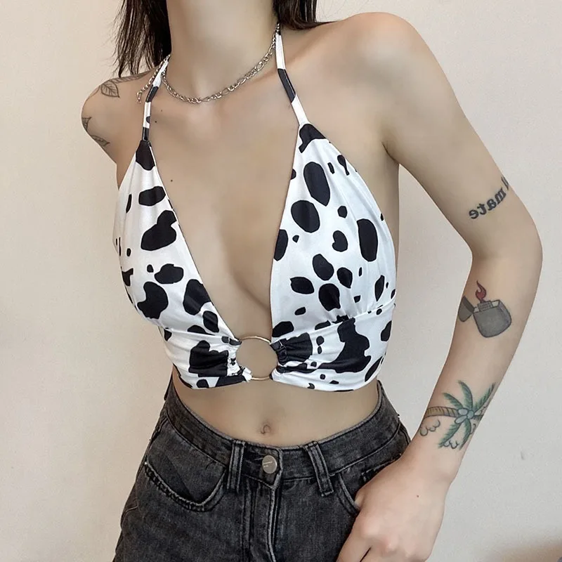 Emo Alternative Y2k Cow Print Camisole Women Streetwear Cyber Y2k Punk Backless Halter Crop Tank Tops Gothic Dark Sexy Outfits