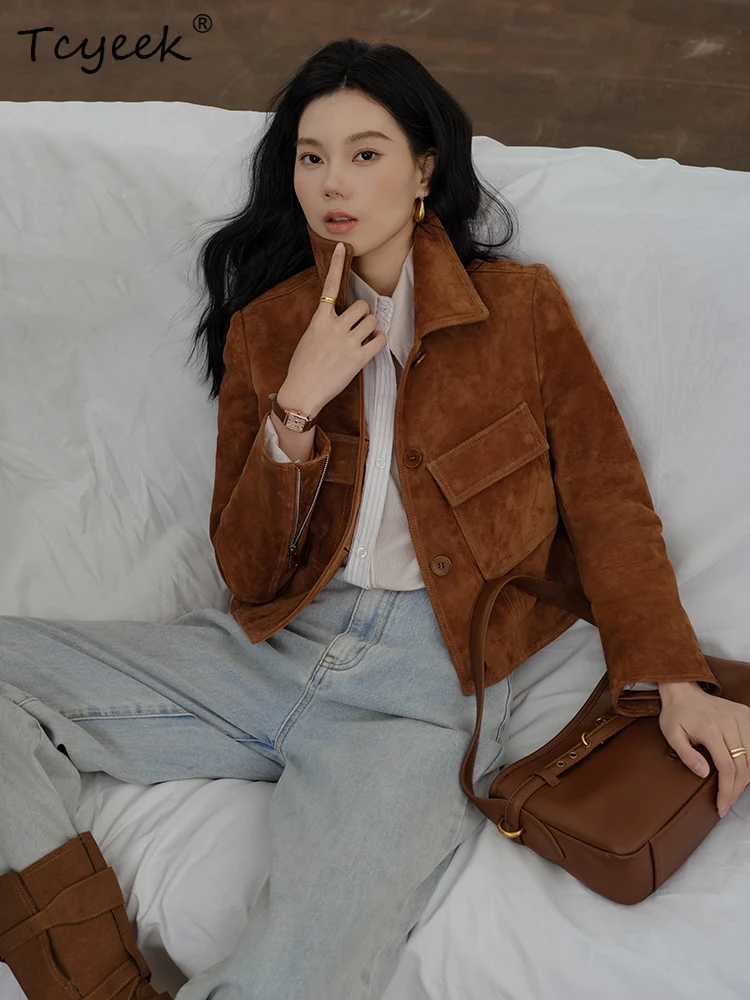 Tcyeek 本物の羊革 春秋 ハイエンド スエード スタンドカラー ショート丈 レディース 本革ジャケット 女性用レザージャケット