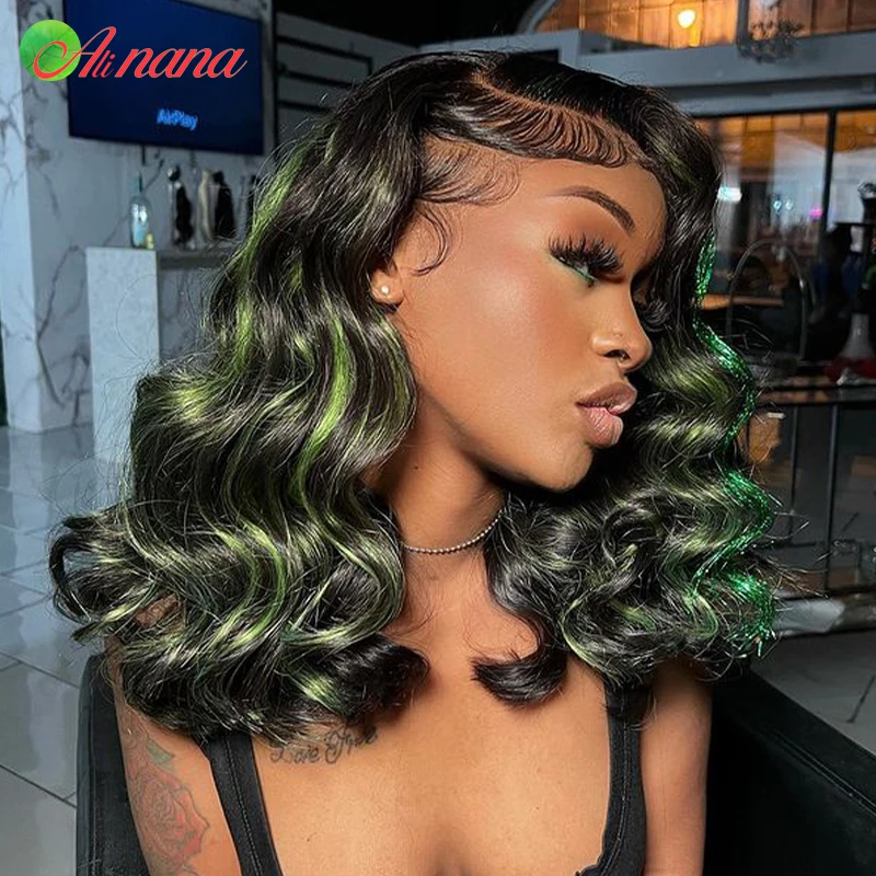 Highlights Green Colored With Glitter Strands Loose Curly Hairstyle 13x6 Lace Frontal Wig Human Hair Wigs For Black Women