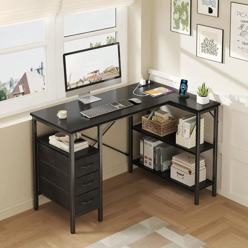

L Shaped Desk With Shelf Drawers, White Corner Computer Desks Gaming With Power Outlet, Study Table With Adjustable Shelves