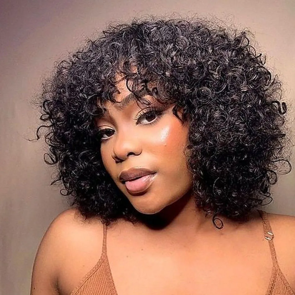 Perruque Brésilienne Naturelle Crépue Bouclée avec Frange pour Femme, Cheveux Humains, Densité 180%, Fabriquée à la Machine, Deep Wave