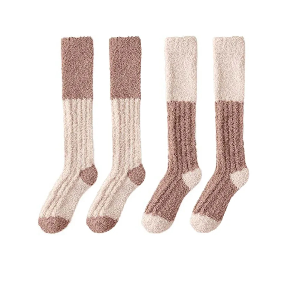 

2Pairs Kawaii Thicken Warm Coral Fleece Stockings Winter Simple Floor Plush Stockings Sleeping Hosiery Long Tube Socks Winter