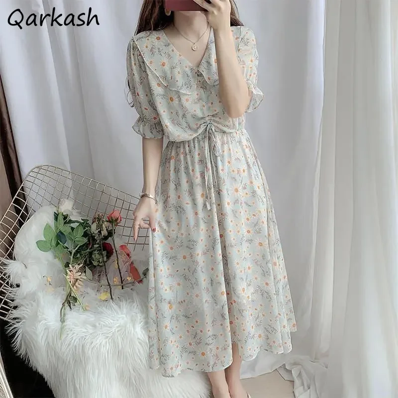 ชุดดอกไม้ผู้หญิงสุนทรียศาสตร์ Temper Gentle Baggy พัฟแขนฤดูร้อน Casual Preppy Vestidos เสื้อผ้าเอวสูง Elegant Vintage