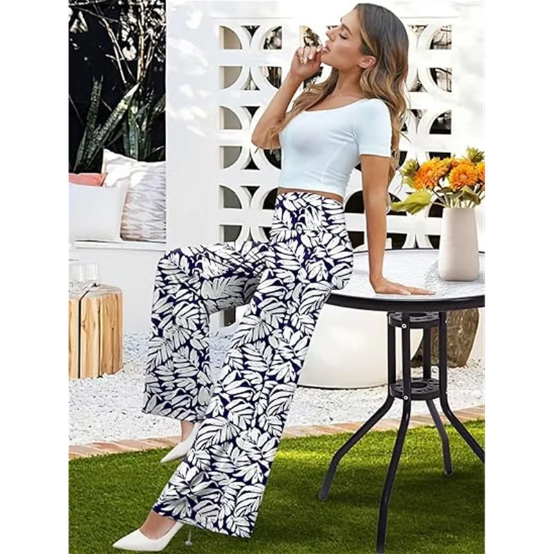 Summer Women's Stretchy Wide Leg Lounge Fragmented Flowers Printing Baggy Pants Casual Comfy High Waist Palazzo Chiffon Pants