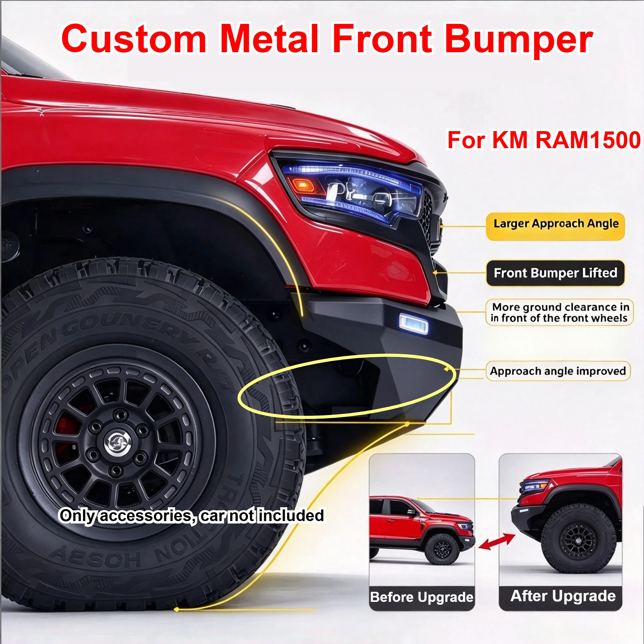 For KM RAM1500 1/8 RC Offroad Pickup Truck Metal Competition Front Bumper Custom Model Number Decor Upgrade Modification Parts
