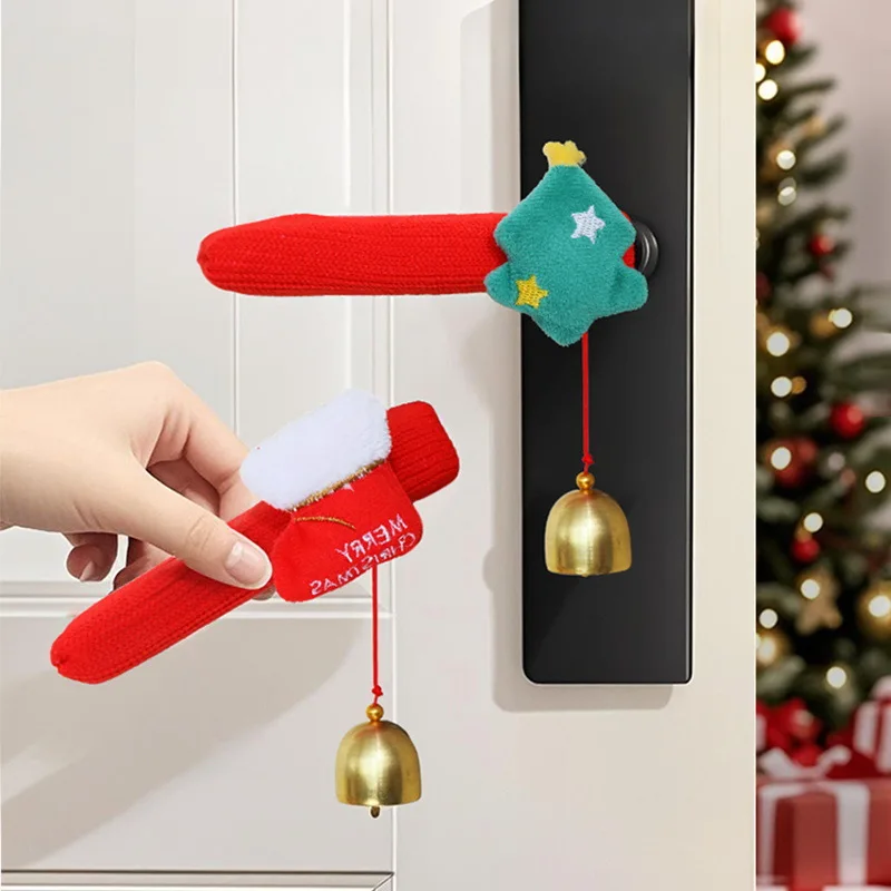 Christmas Decoration Cartoon Santa Claus Door Handle Knob Cover Christmas Tree Decoration Room Protective Cover Christmas Bell