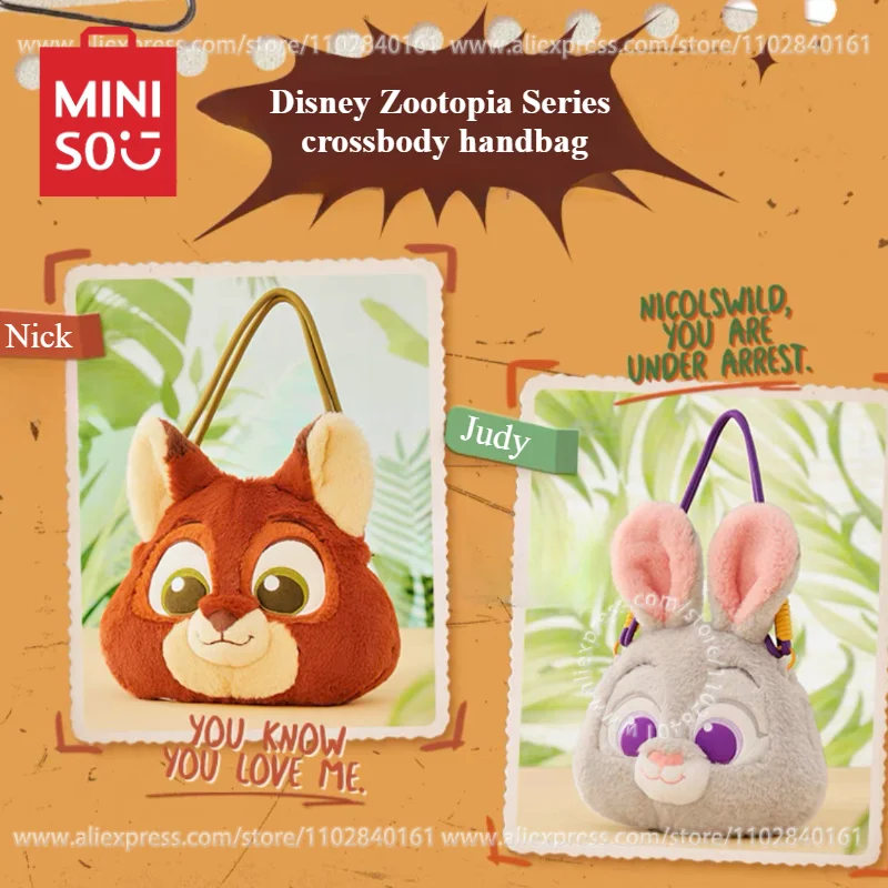 MINISO Crossbody Handbag Disney Zootopia Series Judy Hopps Nick Wild Plush Doll Large Capacity Bag Birthday Gift for Children