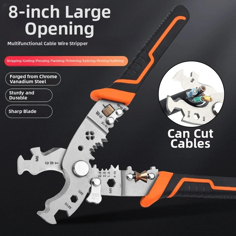 

8 Inch Wire Stripper Cutter Crimping Pliers Large Opening Multifunction Electrician Cable Cutting Tool Chrome Vanadium Steel Rep