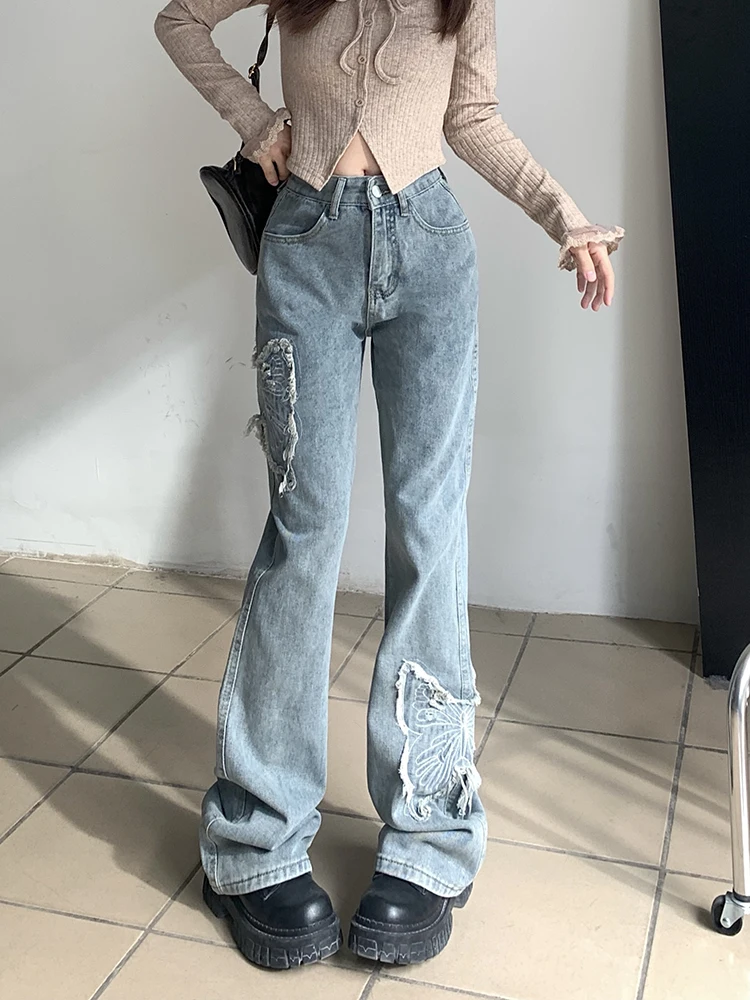 

WCFCX STUDIO Women's Blue Flare Jeans Baggy Vintage 90s Aesthetic Cowboy Pants Harajuku Denim Trousers Y2K Straight Leg Pants