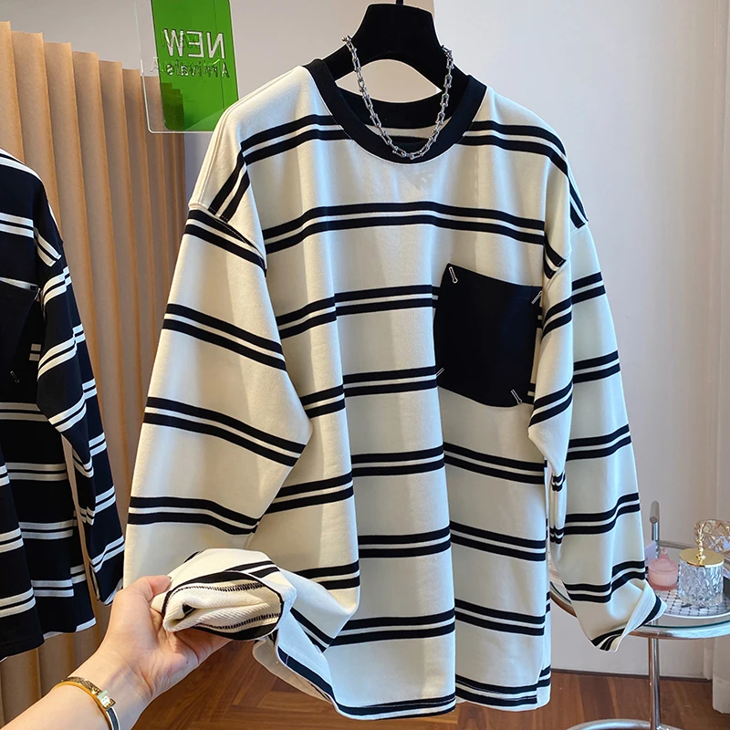 

Autumn pocket patchwork Hoodies Color Matching Fashion Vintage Casual Long-sleeved Striped Comfortable Tops Girls