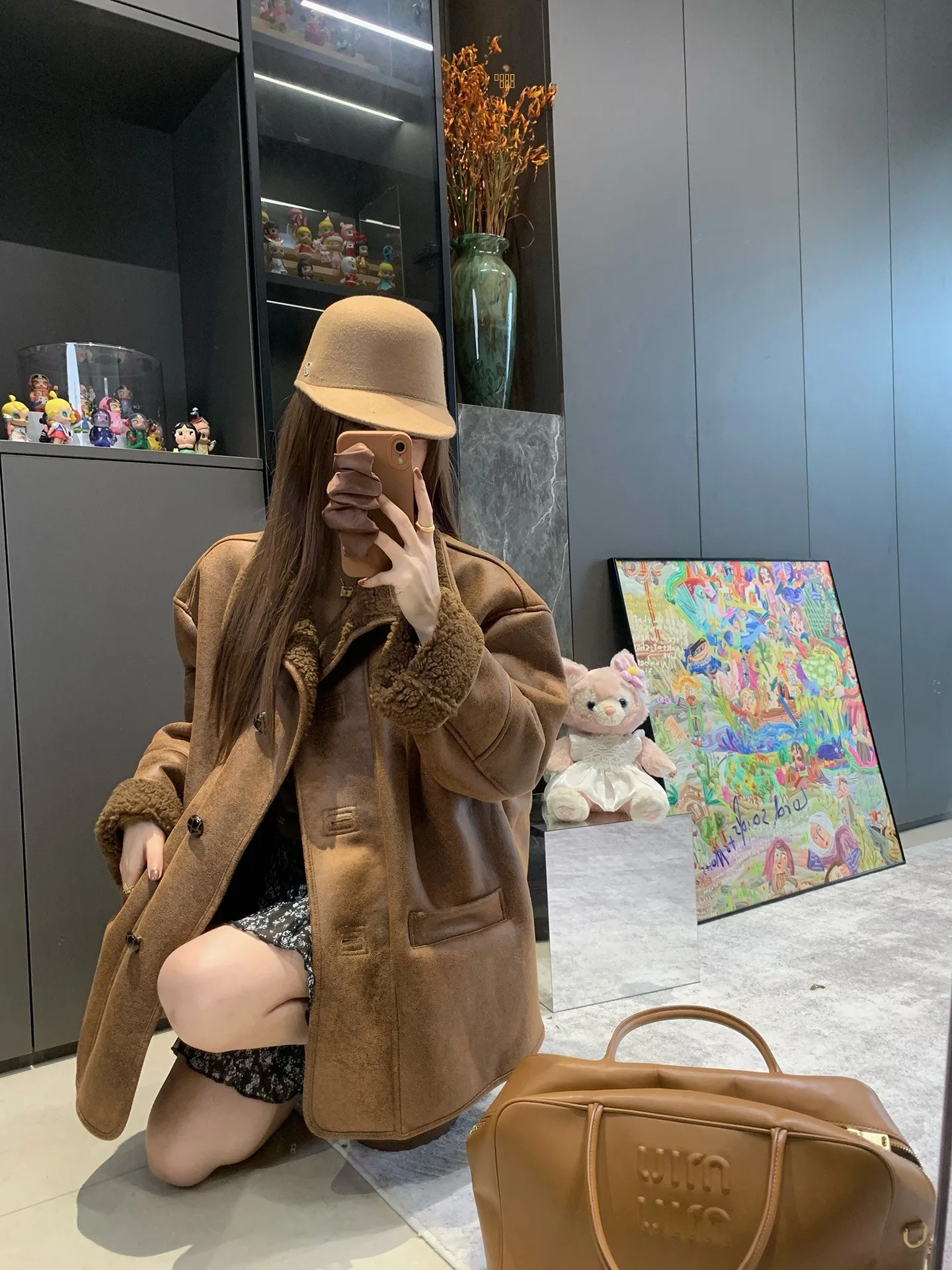 Wu Daxiao Caramel Wildern Giacca in pelle e pelliccia antivento calda, cappotto vintage in pelliccia di agnello, vestibilità ampia casual, manica lunga